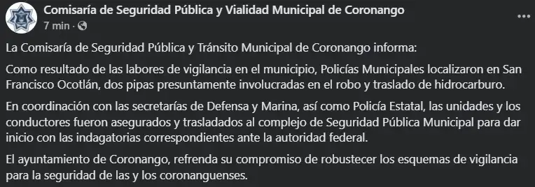Aseguran pipas y detienen a huachicoleros en Coronango