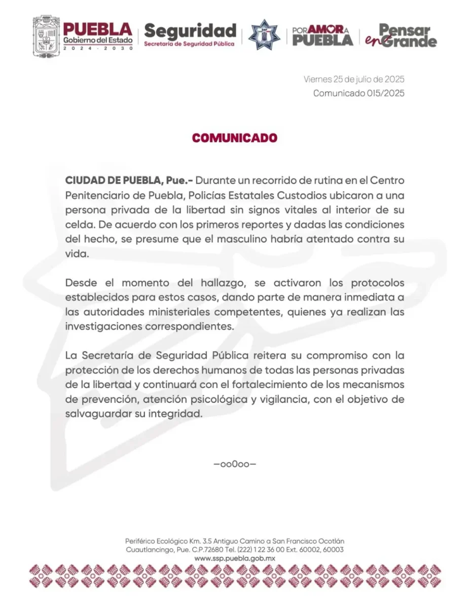 Encuentran a interno del Cereso de Puebla sin vida