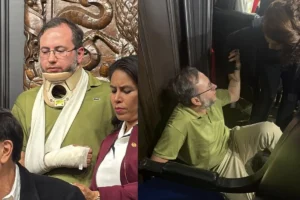 Con collarín y vendajes termina trabajador agredido en pelea entre Alito Moreno y Fernández Noroña