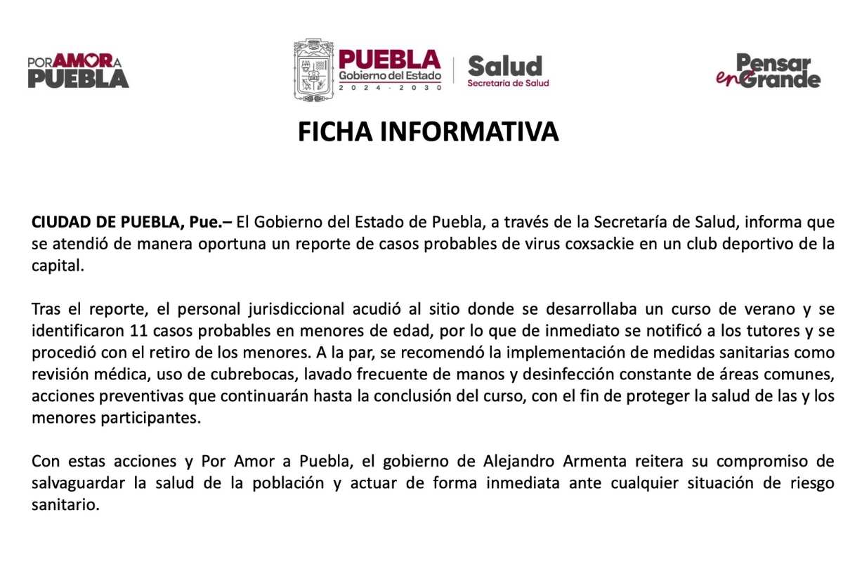 Confirma Secretaría de Salud 11 contagios de coxsackie en el Alpha 3 de Puebla  1