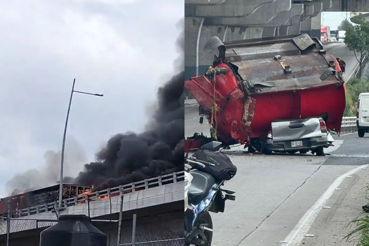 Vuelca y se incendia tráiler en el segundo piso de la México-Puebla
