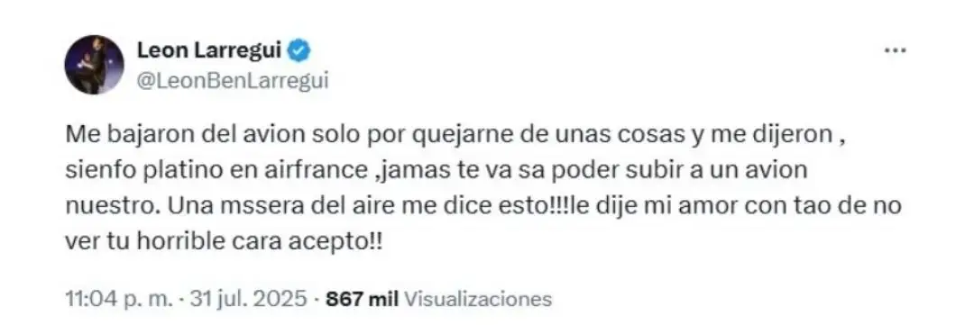 Bajan de avión a León Larregui y lo vetan de Air France