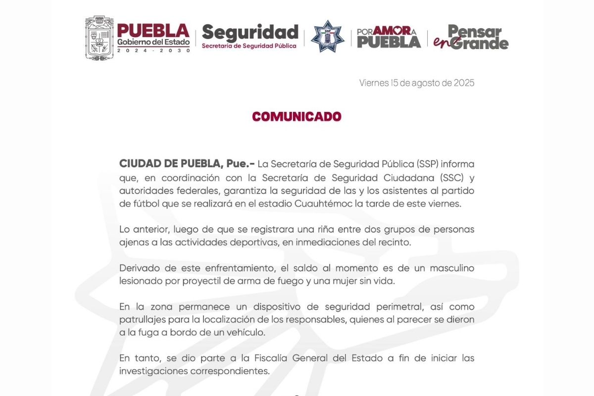 Una mujer sin vida deja balacera en el estadio Cuauhtémoc previo a Puebla vs San Luis 3 Una mujer sin vida deja balacera en el estadio Cuauhtémoc