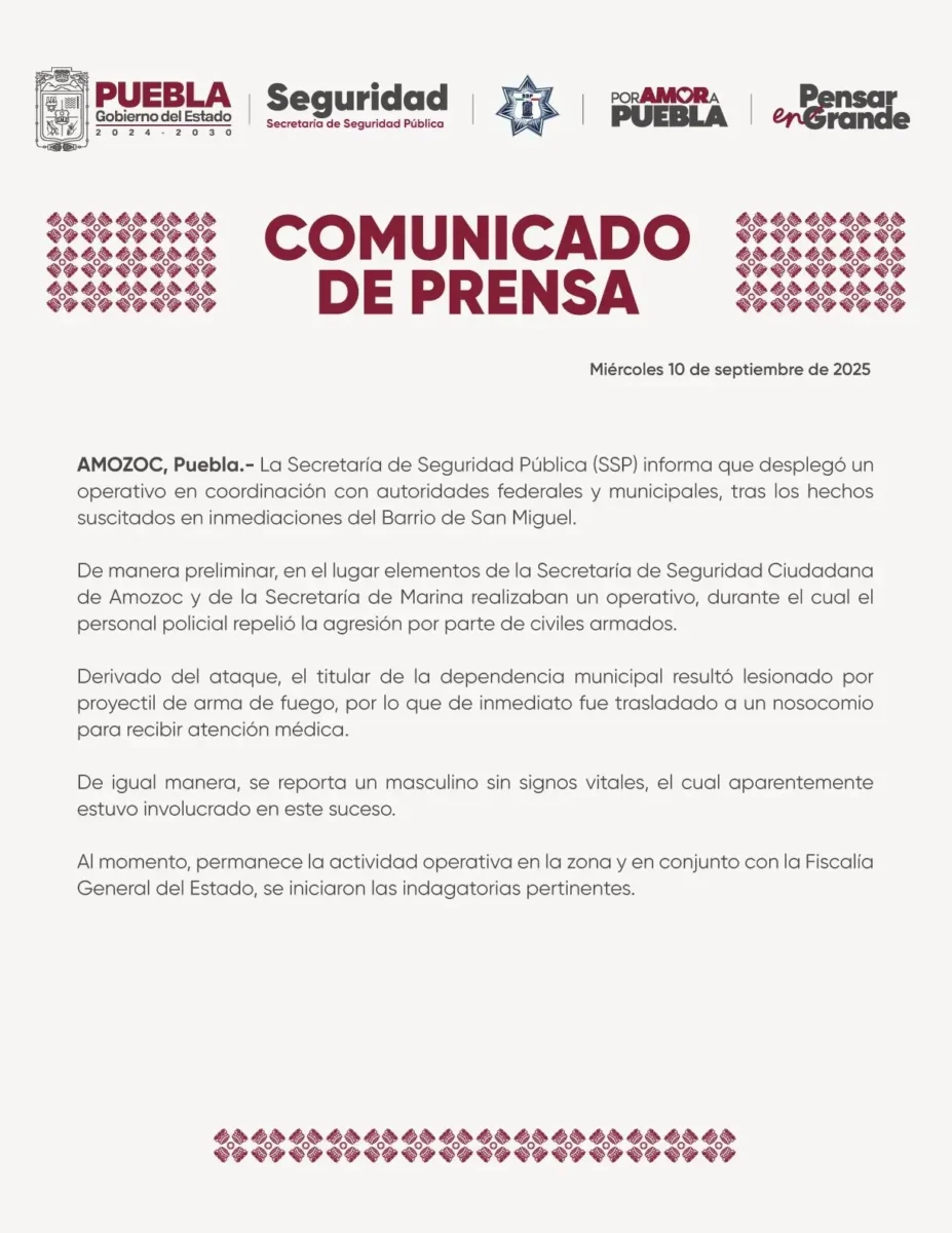 Balean a Secretario de Seguridad de Amozoc