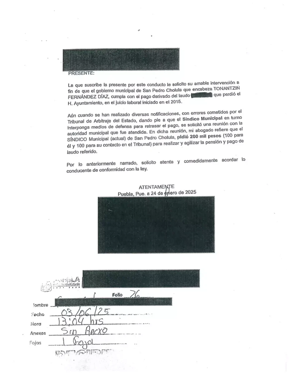 Pese a extorsion y amenazas del Sindico Municipal Cabildo de San Pedro Cholula logra avanzar en pago de laudos 2