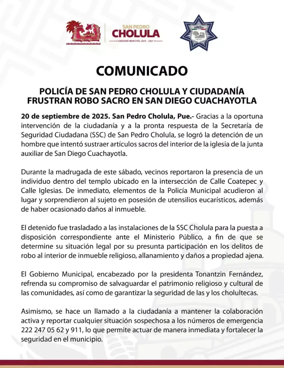 Policía de San Pedro Cholula y ciudadanía frustran robo sacro en San Diego Cuachayotla 3 Policia de San Pedro Cholula y ciudadania frustran robo sacro en San Diego Cuachayotla 2
