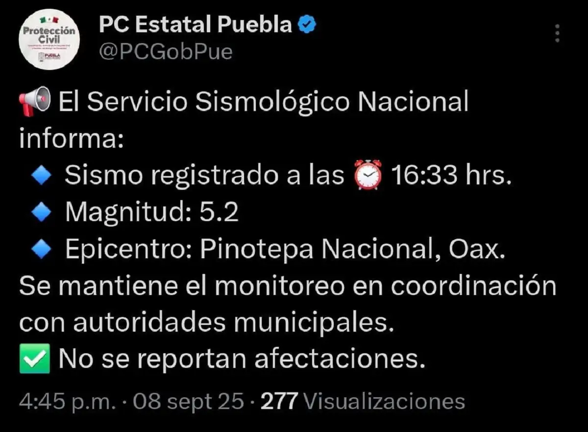 Sismo hoy 8 de septiembre activa alertas y provoca evacuaciones en Puebla