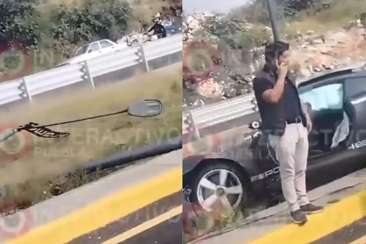 Vehículo de lujo pierde el control en el Periférico Ecológico y tira varias luminarias