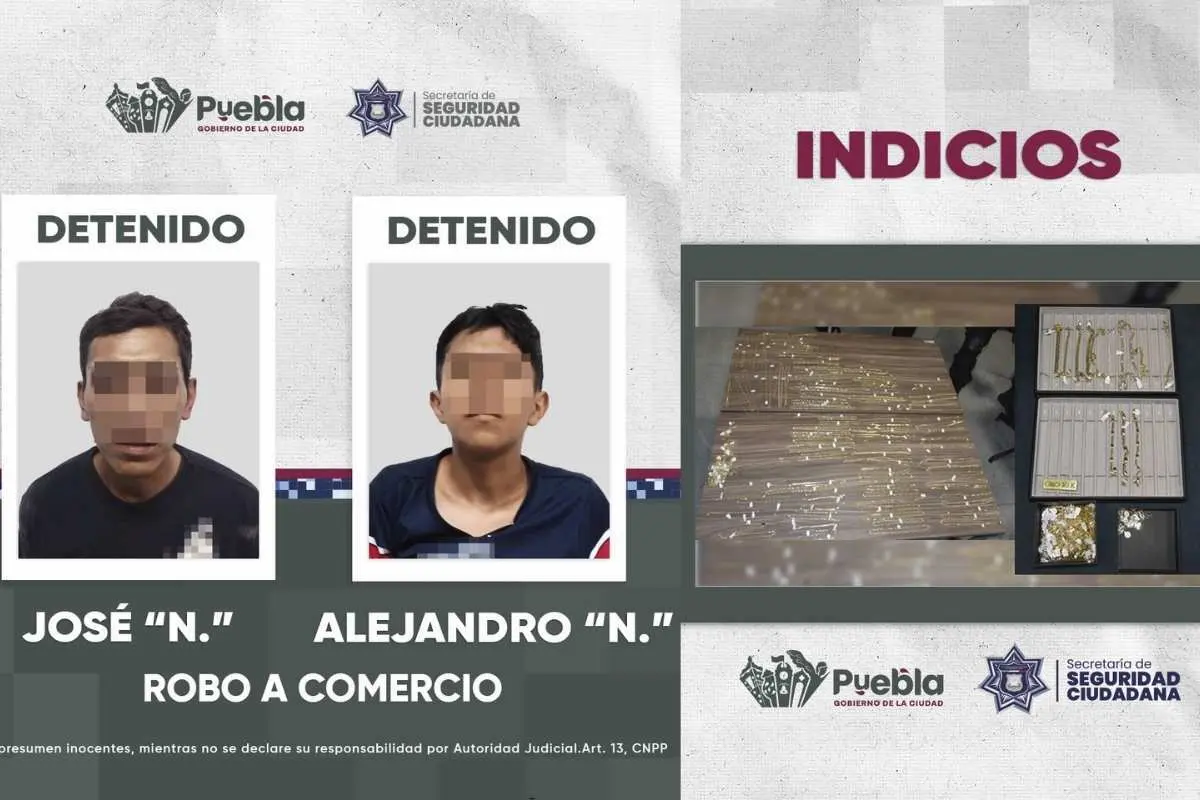 Detienen a dos asaltantes de la joyería Havilá del Centro de Puebla
