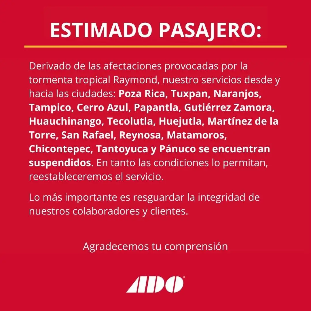 ADO suspende corridas hacia Huauchinango
