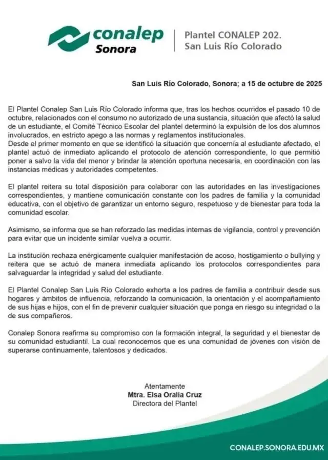 Expulsan a alumnos del Conalep Sonora por dar sustancia tóxica a un compañero