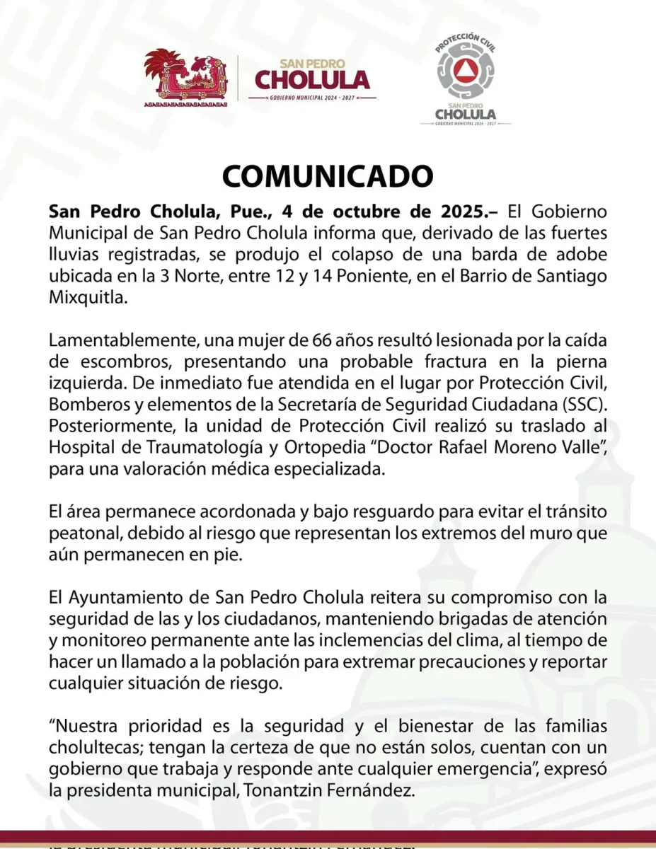 (VIDEO) Barda en San Pedro Cholula cae sobre una mujer tras fuertes lluvias