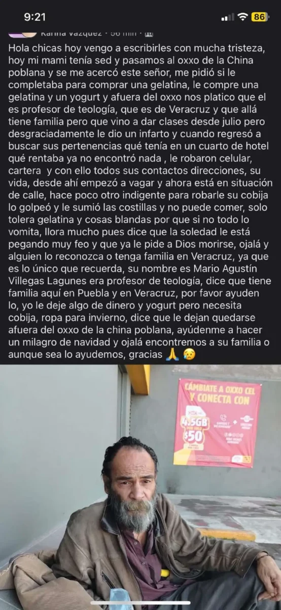 Exprofesor veracruzano Mario Agustín Villegas termina en situación de calle tras sufrir un infarto en Puebla