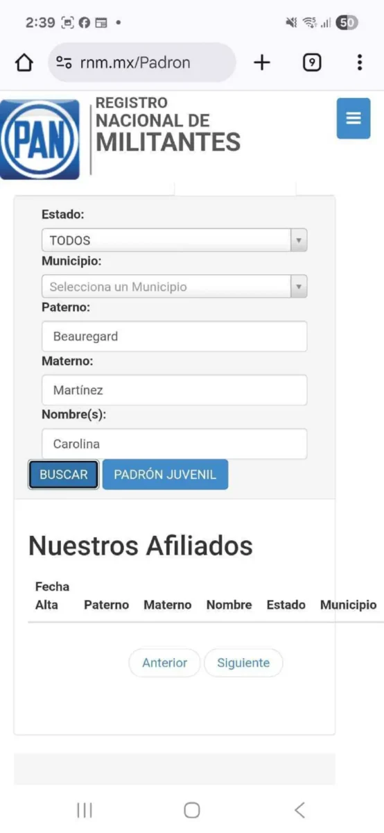 Falla sitio del Registro Nacional del PAN