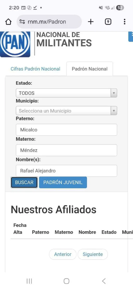 Falla sitio del Registro Nacional del PAN