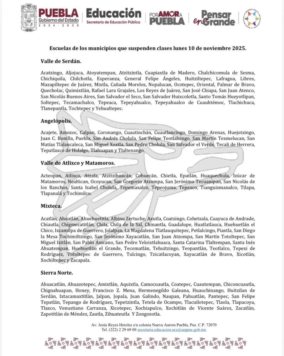 Suspenderán clases en 14 mil escuelas de estos municipios de Puebla por Frente Frío número 13