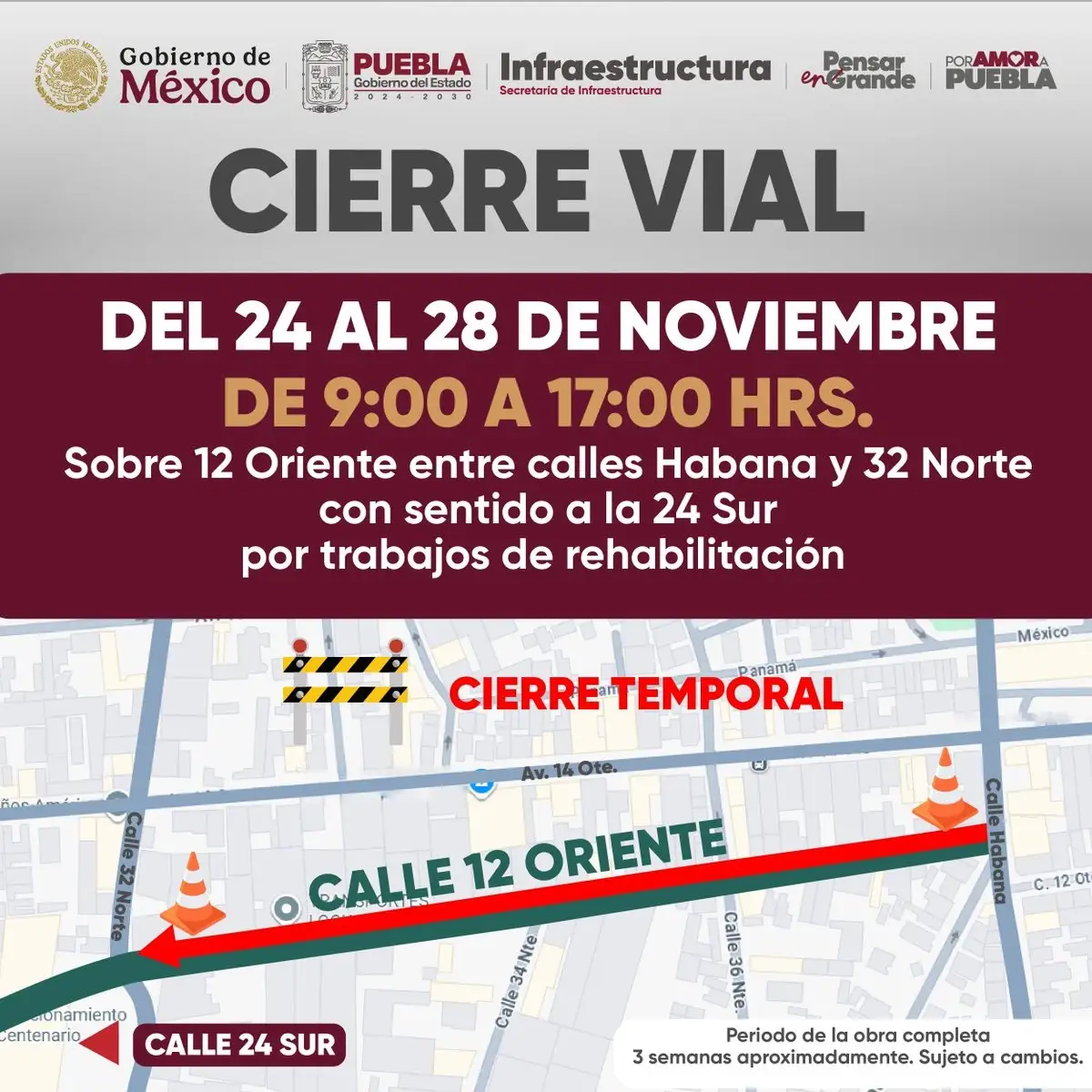 Habrá calles cerradas en Puebla del 24 al 28 de noviembre