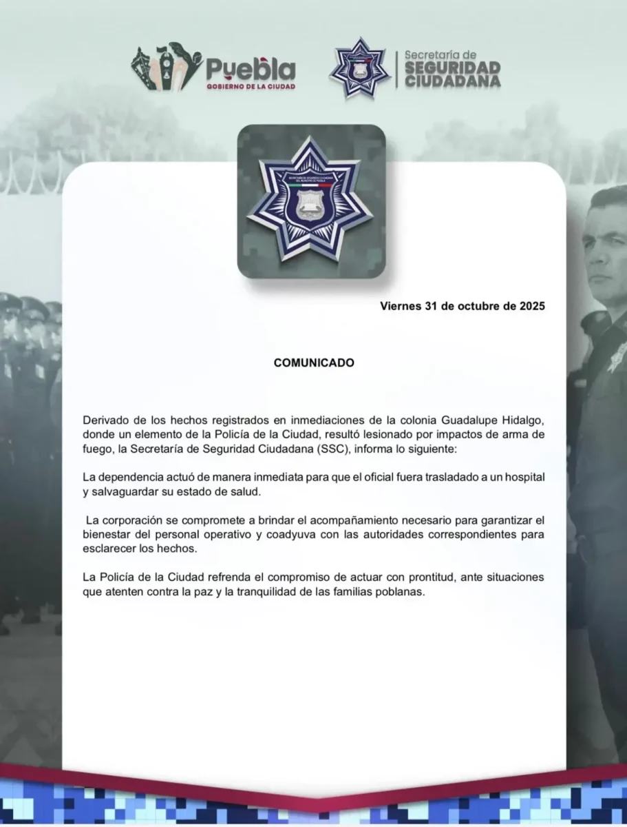 Balean a escolta de la SSC de Puebla en colonia Miguel Hidalgo