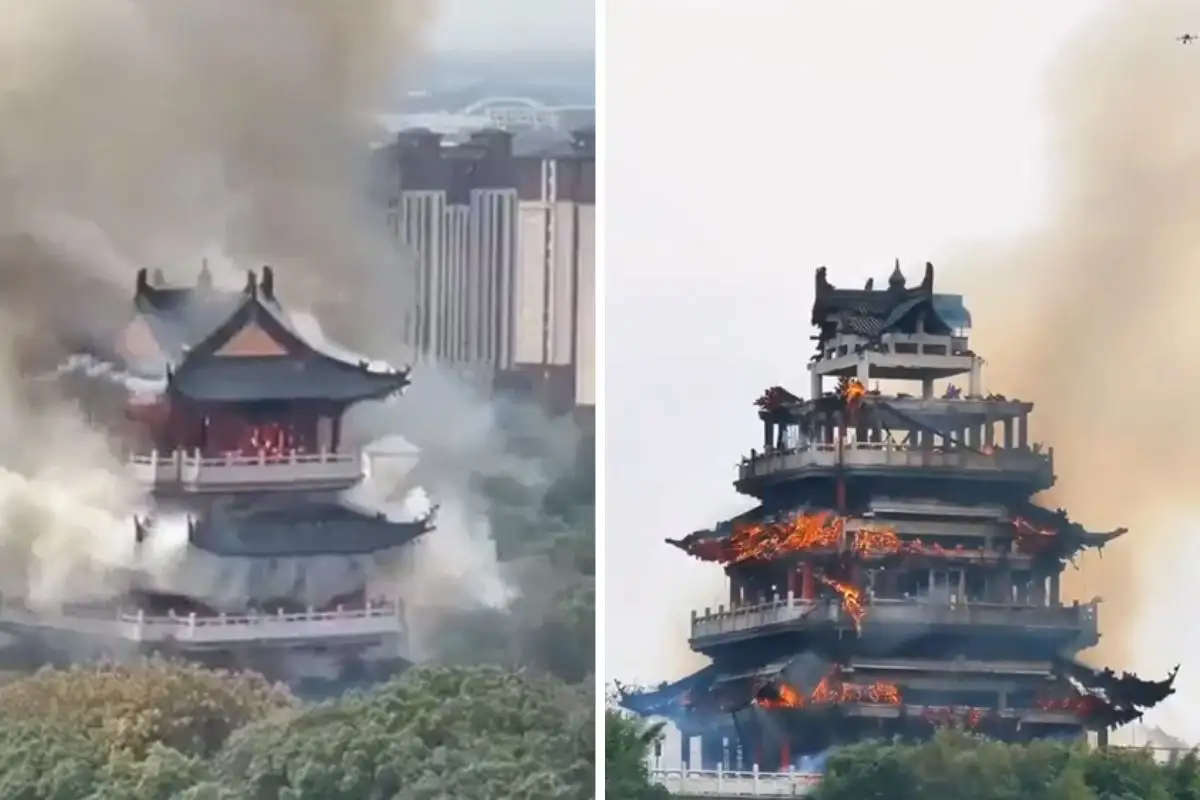 (VIDEOS) En incendio en templo Yongqing, en China, pabellón milenario queda destruido 1 templo Yongqing