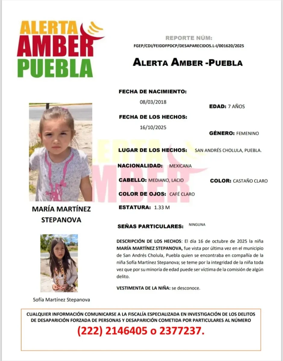 Emiten Alerta Amber por la desaparición de las hermanas María y Sofía Martínez Stepanova en Cholula