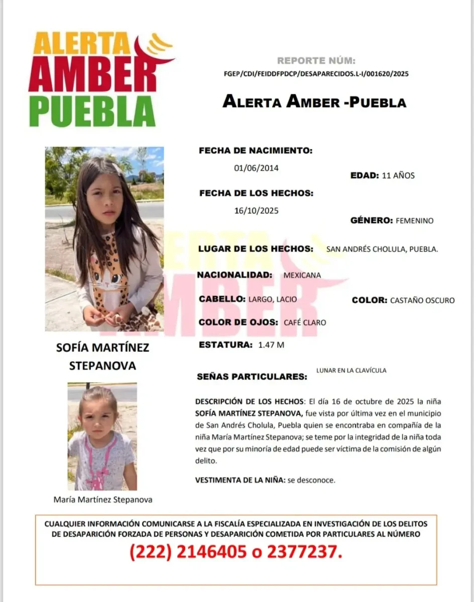 Emiten Alerta Amber por la desaparición de las hermanas María y Sofía Martínez Stepanova en Cholula