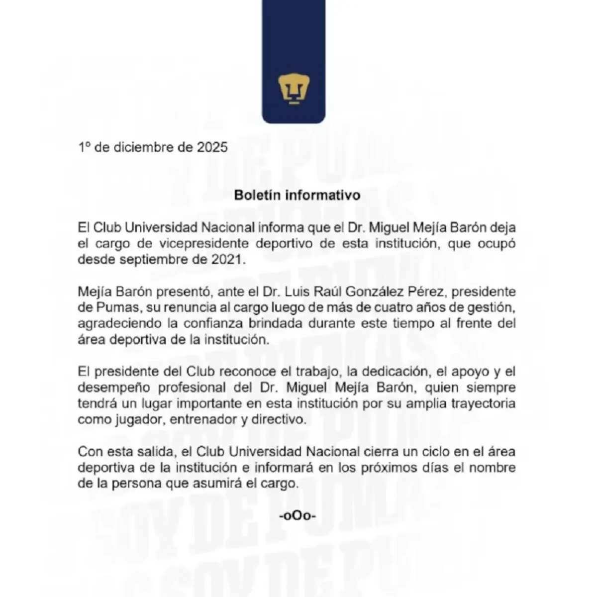 Pumas anuncia reestructura Miguel Mejía Barón y Eduardo Saracho dejan el club