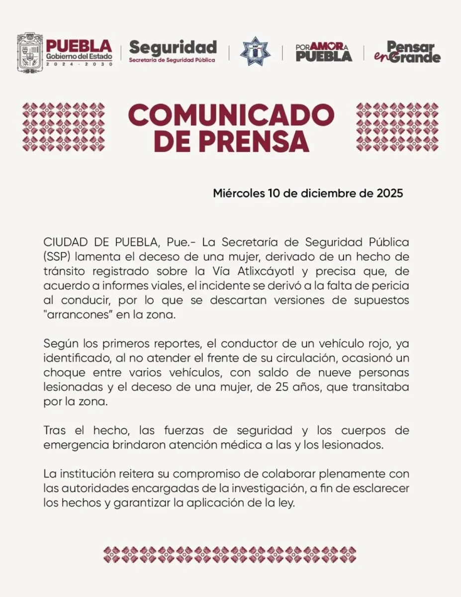 SSP descarta arrancones en accidente múltiple en la Vía Atlixcáyotl