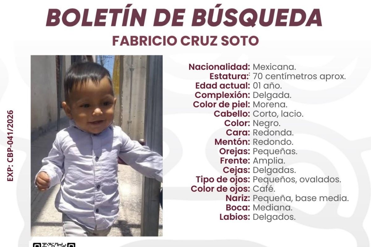 Buscan a Fabricio Cruz Soto, menor de un año desaparecido en Amozoc