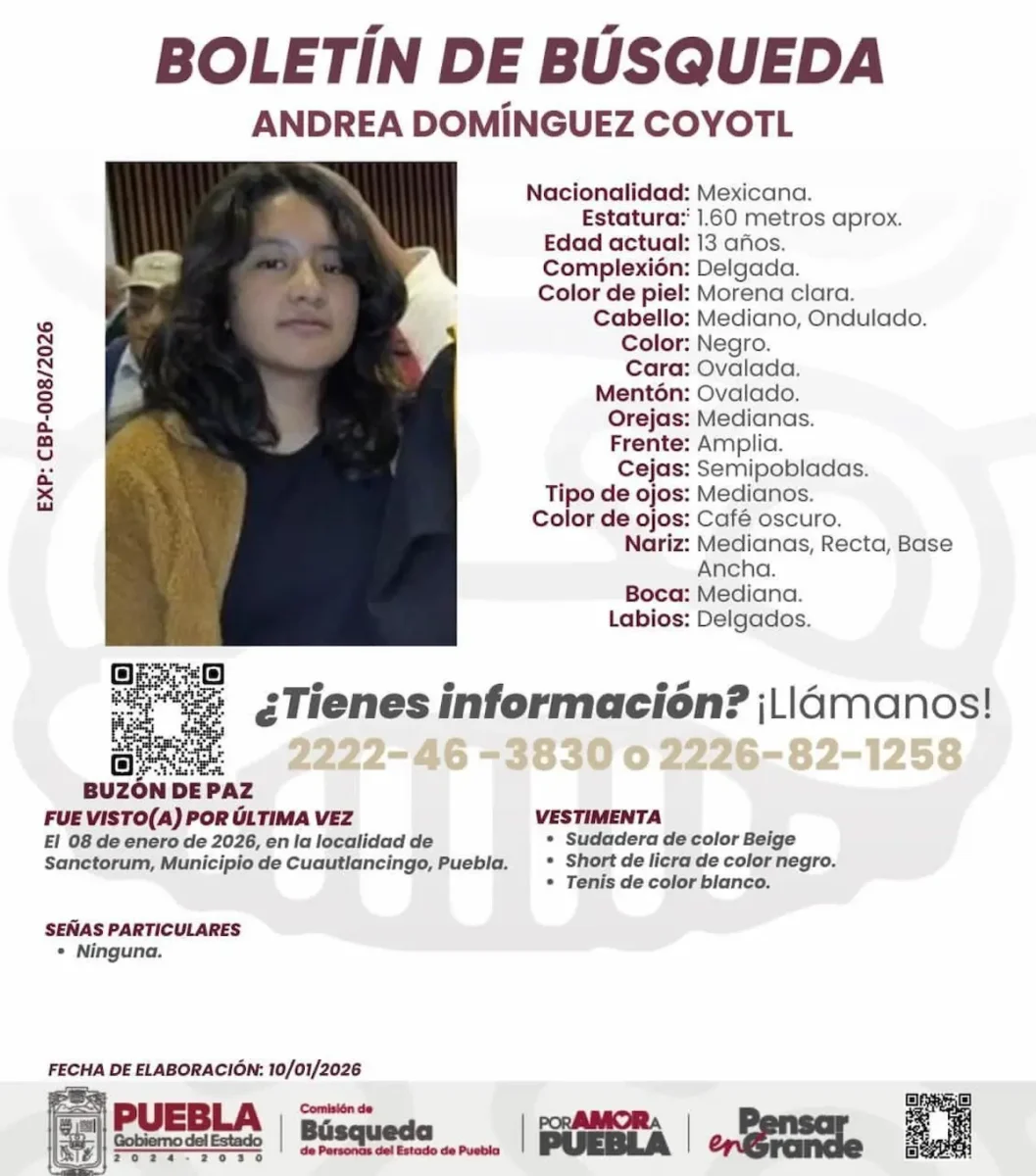 Localizan con vida a Andrea N., menor desaparecida en Cuautlancingo