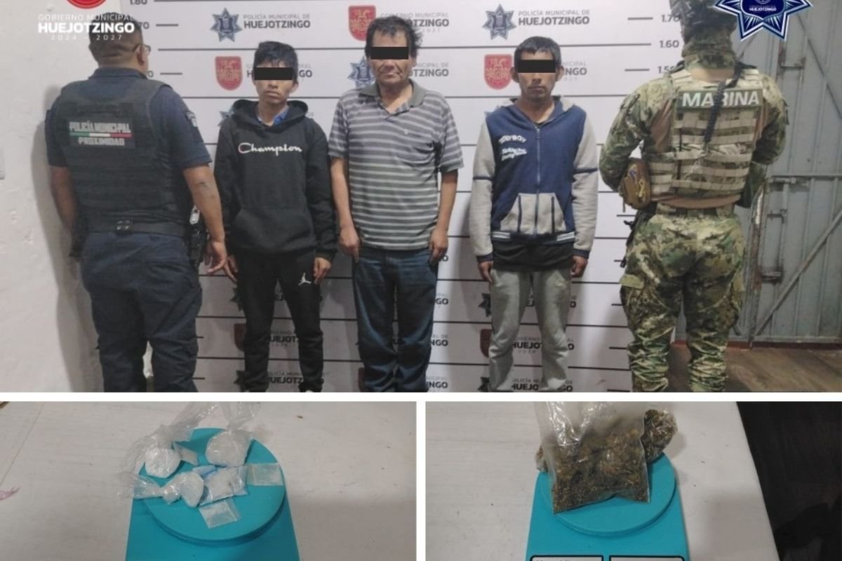 Policía de Huejotzingo detiene a cinco, asegura droga, un arma de fuego y recupera vehículo robado