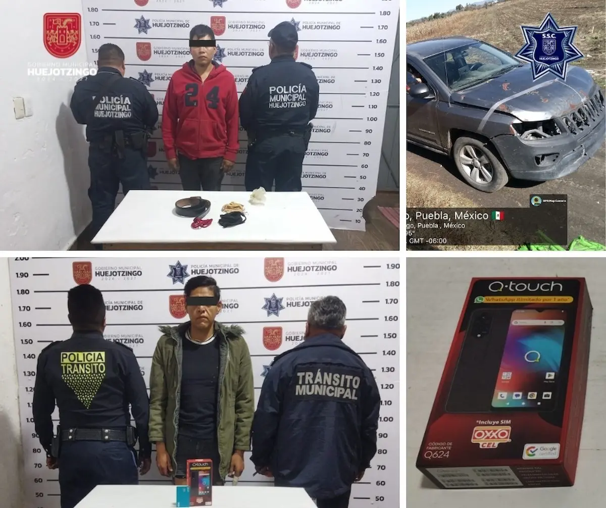 Policía de Huejotzingo detiene a cinco, asegura droga, un arma de fuego y recupera vehículo robado