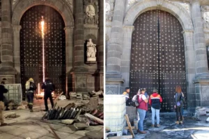 INAH evalúa daños del incendio en puerta de Catedral de Puebla