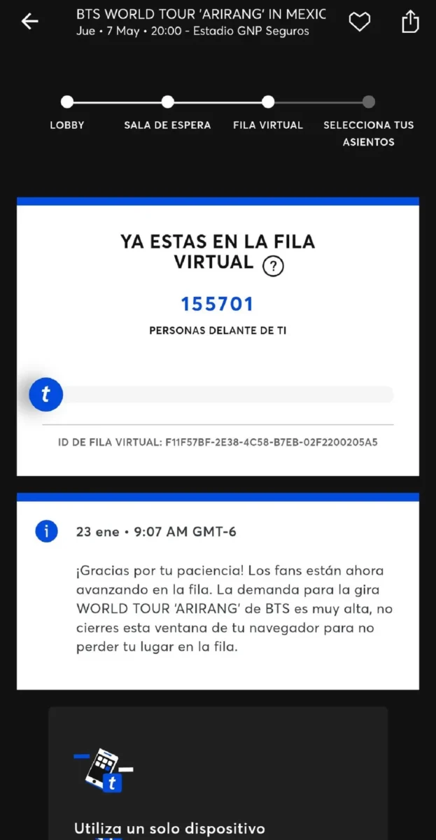 Fila virtual para boletos de BTS presenta fallas en la preventa ARMY