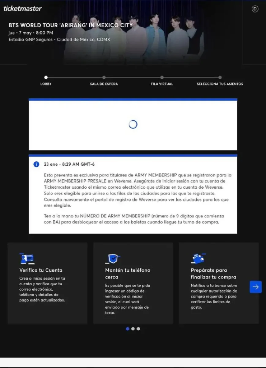Fila virtual para boletos de BTS presenta fallas en la preventa ARMY