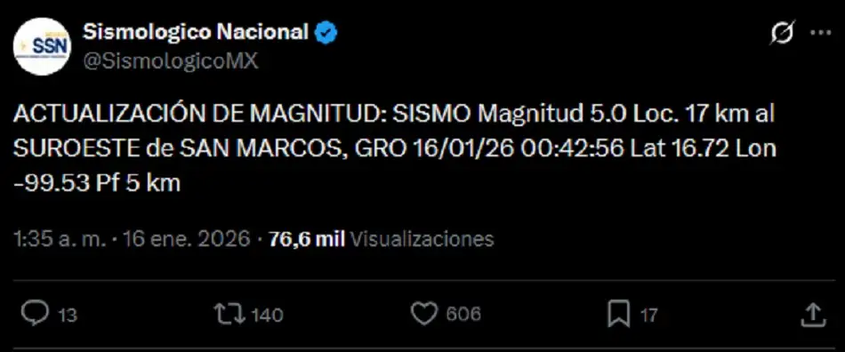 sismo hoy 16 de enero