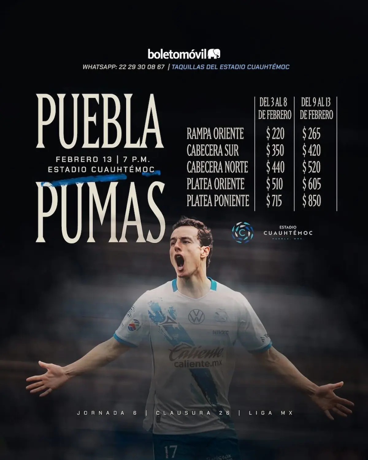 Precio de los boletos para Puebla vs Pumas en el Cuauhtémoc