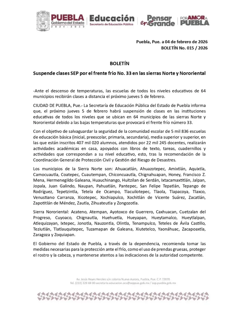 Hay suspensión de clases en Puebla el 5 de febrero en estos municipios